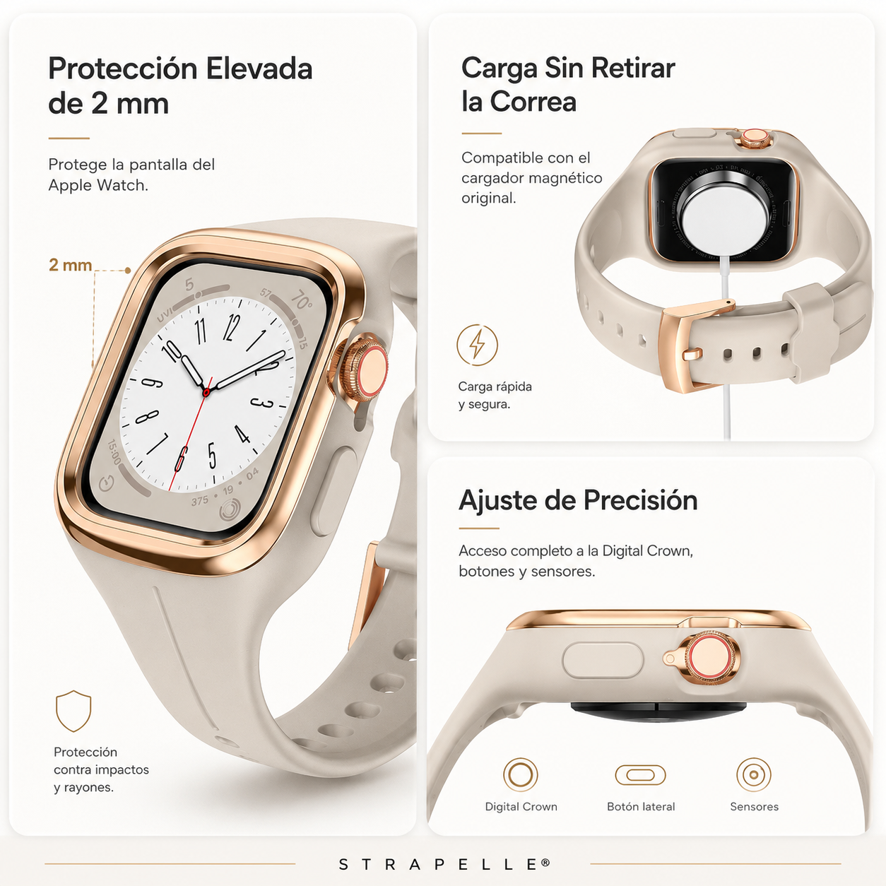 Correa Silvara con case protector de TPU para Apple Watch en acabado negro texturizado.